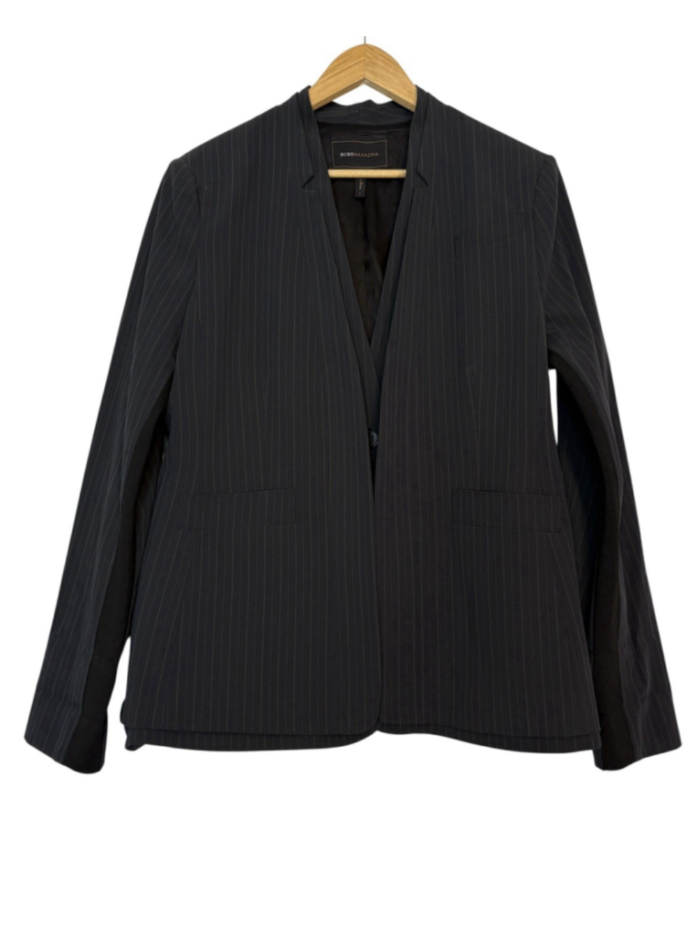 BCBGMAXAZRIA Black Pinstripe Blazer Inverted Lapel Suit Jacket Size L